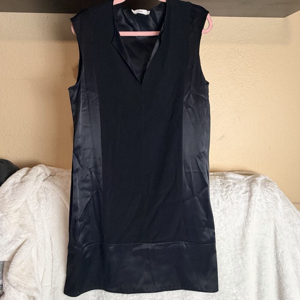 Vince Black Sleeveless V-Neck Mini Dress with Satin Panels